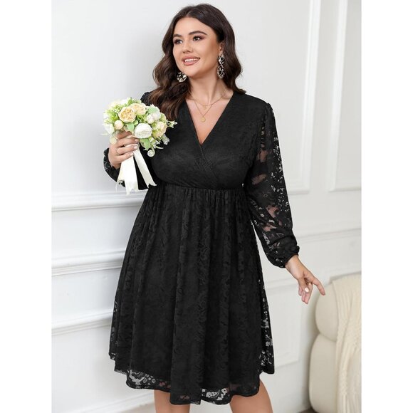 Plus Size Lace Midi Dress V Neck Wrap Long Sleeve Flowy Party Wedding - Picture 5 of 6